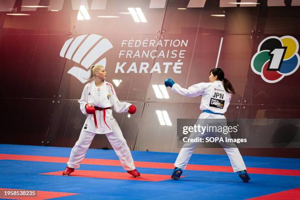 Emina Sipovic from Bosnia and Yuki Kujuro from Japan compete during the Kumite 61kg category. The Paris Open Karaté 2024, organized by World Karaté...