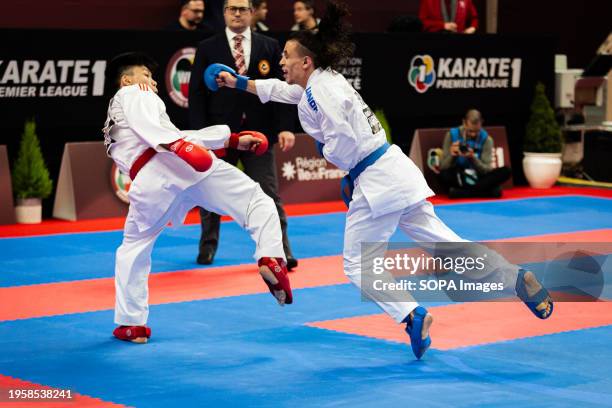 Sami Tas from France and Darkhan Timraliyev from Kazakhstan compete during the Male Kumite 60kg category. The Paris Open Karaté 2024, organized by...