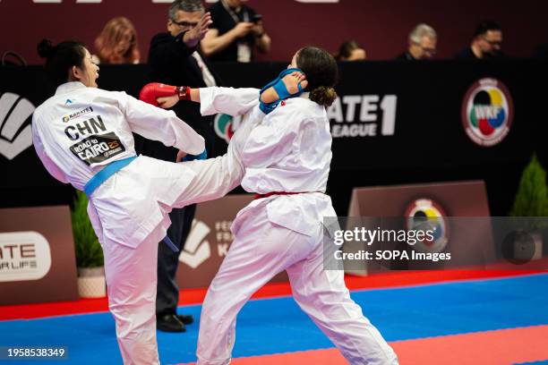 Li Gong from China, and Amel Bougrine from Belgium competes during the Female Kumite 61kg category. The Paris Open Karaté 2024, organized by World...