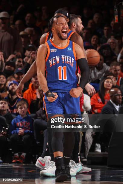 Jalen Brunson of the New York Knicks celebrates during the game against the Miami Heat on January 27, 2024 at Madison Square Garden in New York City,...