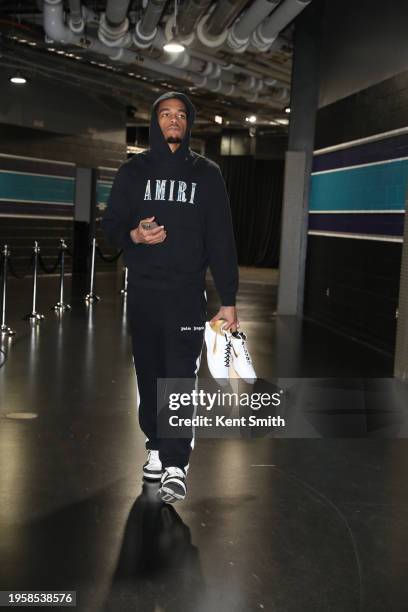 Washington of the Charlotte Hornets arrives to the arena before the game against the Utah Jazz on January 27, 2024 at Spectrum Center in Charlotte,...