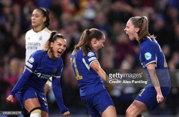 Guro Reiten of Chelsea celebrates with Niamh Charles and Johanna Rytting Kanerydafter she scores her sides first goal from the penalty spot during...