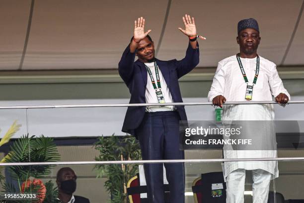 President of the Cameroonian Football Federation, Samuel Eto'o waves ahead of the Africa Cup of Nations 2024 round of 16 football match between...