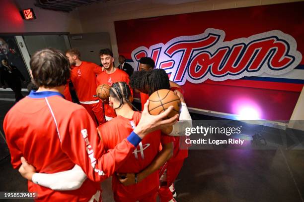 Houston Rockets huddle up before the game against the Boston Celtics on January 21, 2024 at the Toyota Center in Houston, Texas. NOTE TO USER: User...