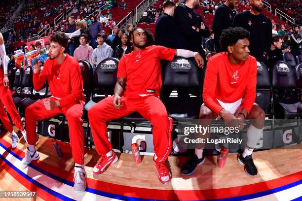 Cam Whitmore of the Houston Rockets looks on before the game against the Boston Celtics on January 21, 2024 at the Toyota Center in Houston, Texas....