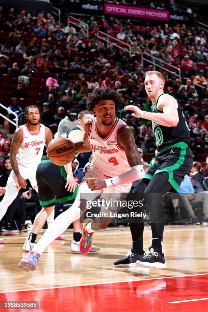 Jalen Green of the Houston Rockets drives to the basket during the game against the Boston Celtics on January 21, 2024 at the Toyota Center in...