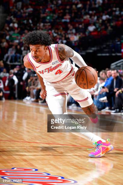 Jalen Green of the Houston Rockets drives to the basket during the game against the Boston Celtics on January 21, 2024 at the Toyota Center in...