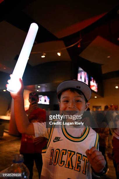 Fan smiles before the Boston Celtics game against the Houston Rockets on January 21, 2024 at the Toyota Center in Houston, Texas. NOTE TO USER: User...