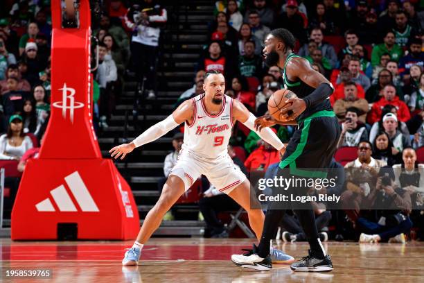 Jaylen Brown of the Boston Celtics handles the ball during the game against the Houston Rockets on January 21, 2024 at the Toyota Center in Houston,...