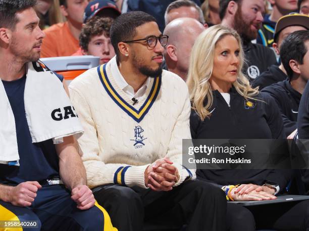 Tyrese Haliburton of the Indiana Pacers and Jenny Boucek look on during the game against the Philadelphia 76ers on January 25, 2024 at Gainbridge...