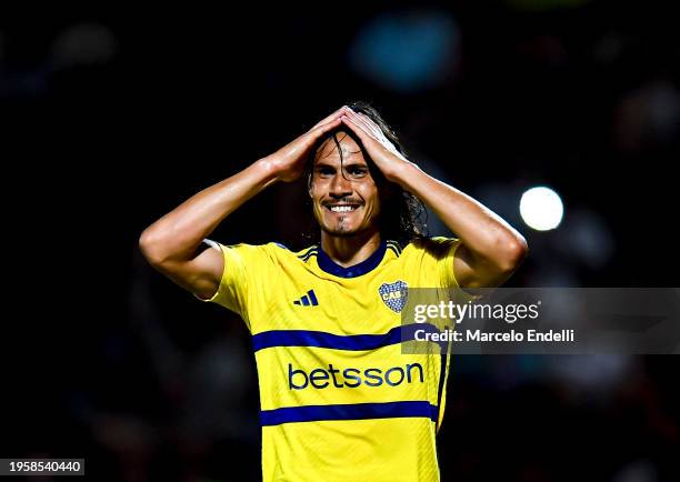 Edinson Cavani of Boca Juniors reacts during a match between Platense and Boca Juniors as part of group B of Copa de la Liga Profesional 2024 at...