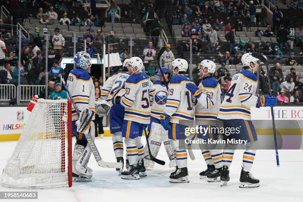 The Buffalo Sabres celebrate the win against the San Jose Sharks at SAP Center on December 27, 2024 in San Jose, California.