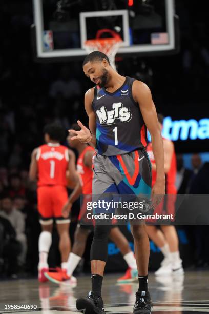 Mikal Bridges of the Brooklyn Nets celebrates during the game against the Houston Rockets on January 27, 2024 at Barclays Center in Brooklyn, New...