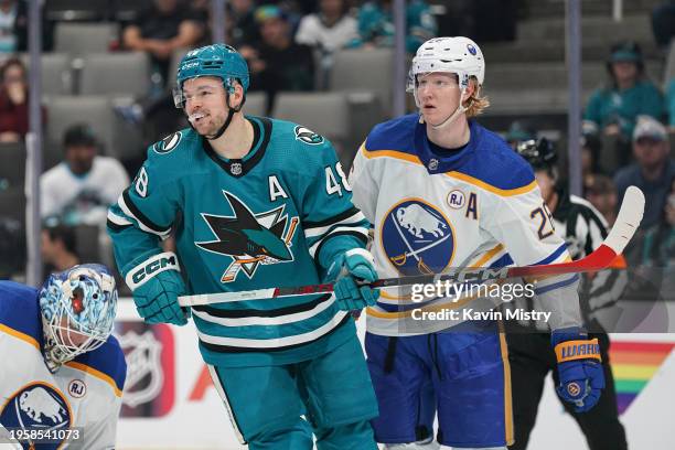 Tomas Hertl of the San Jose Sharks skates off after the play against Rasmus Dahlin of the Buffalo Sabres at SAP Center on December 27, 2024 in San...