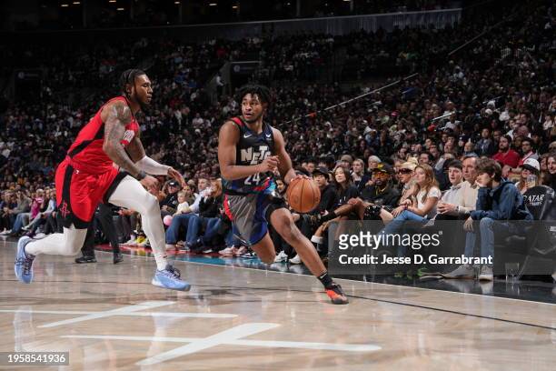 Cam Thomas of the Brooklyn Nets drives to the basket during the game against the Houston Rockets on January 27, 2024 at Barclays Center in Brooklyn,...