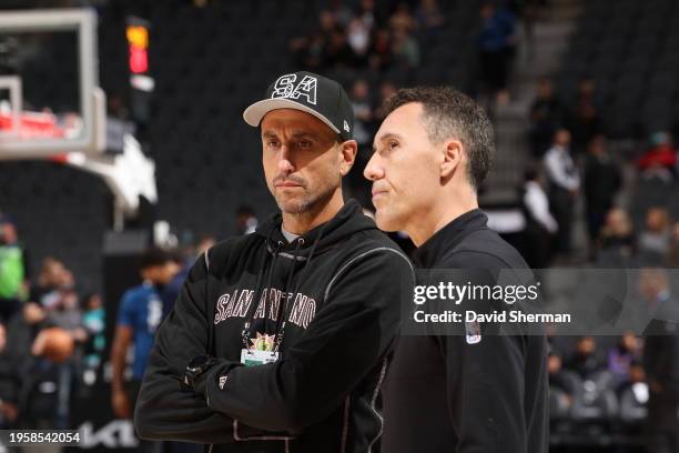 Manu Ginobli talks to Pablo Prigioni of the Minnesota Timberwolves before the game against the San Antonio Spurs on January 27, 2024 at the Frost...