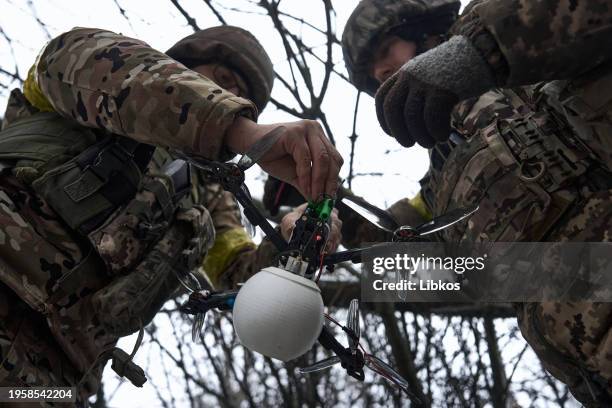 The FPV unit of the pilots of the Ukrainian army launch kamikaze drones at the positions of the Russians on January 26, 2024 in Kupiansk Frontline,...