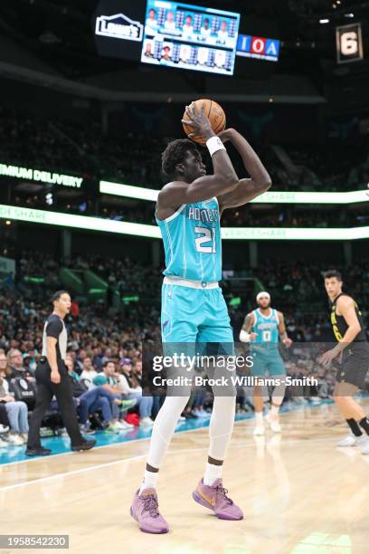 Thor of the Charlotte Hornets shoots the ball during the game against the Utah Jazz on January 27, 2024 at Spectrum Center in Charlotte, North...