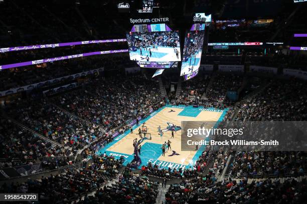 An overall view of the arena during the game between the Utah Jazz and the Charlotte Hornets on January 27, 2024 at Spectrum Center in Charlotte,...