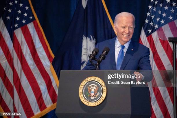 President Joe Biden speaks to a crowd during the South Carolina Democratic Party First in the Nation Celebration and dinner at the state fairgrounds...