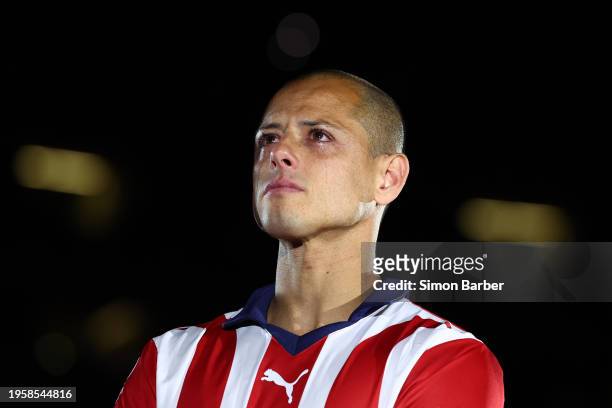 An emotional Javier Hernandez gets during the event to announce his return to Chivas after 13 years at Akron Stadium on January 27, 2024 in Zapopan,...