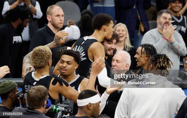 San Antonio Spurs celebrae their victory over the Minnesota Timberwolves at Frost Bank Center on January 27, 2024 in San Antonio, Texas. NOTE TO...