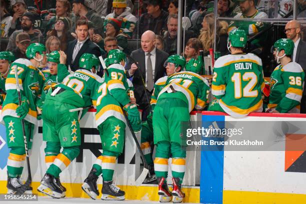 Minnesota Wild head coach John Hynes instructs his team during the game against the Anaheim Ducks at the Xcel Energy Center on January 27, 2024 in...