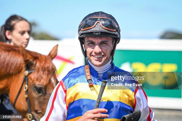 Billy Egan after Jenny The Beaver won the bet365 BM58 Handicap at Geelong Racecourse on January 28, 2024 in Geelong, Australia.