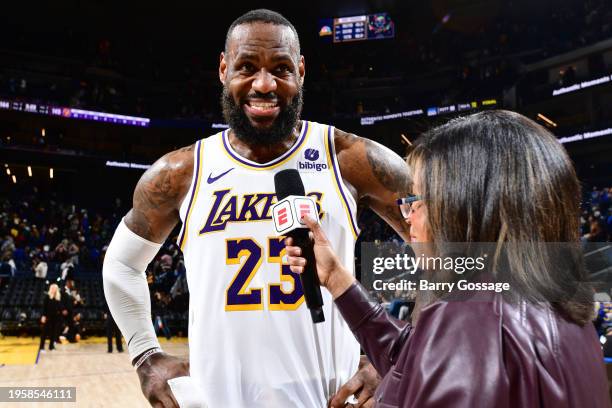 LeBron James of the Los Angeles Lakers is interviewed by Lisa Salters of ESPN after the game against the Golden State Warriors on January 27, 2024 at...