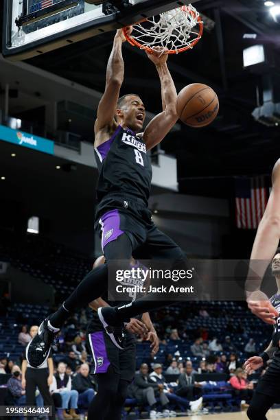 Skal Labissiere of the Stockton Kings dunks the ball against the Oklahoma City Blue during the game on January 27, 2024 at Stockton Arena in...