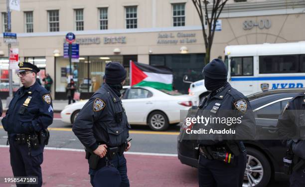 Police take security measures as a Palestinian-led community organization Within Our Lifetime organizes a rally outside the AirTrain at Jamaica...