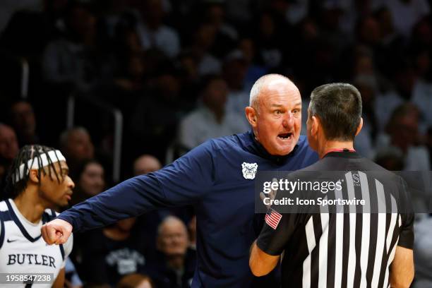 Butler Bulldogs coach Thad Matta talks to a referee during a game against the Villanova Wildcats on January 27 at Hinkle Fieldhouse in Indianapolis,...