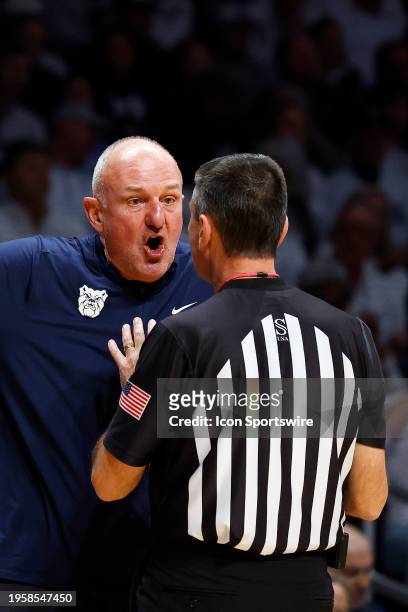 Butler Bulldogs coach Thad Matta talks to a referee during a game against the Villanova Wildcats on January 27 at Hinkle Fieldhouse in Indianapolis,...