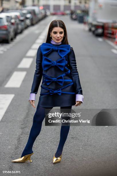 Gkay wears black navy dress with bowknot outside Viktor&Rolf during the Haute Couture Spring/Summer 2024 as part of Paris Fashion Week on January 24,...