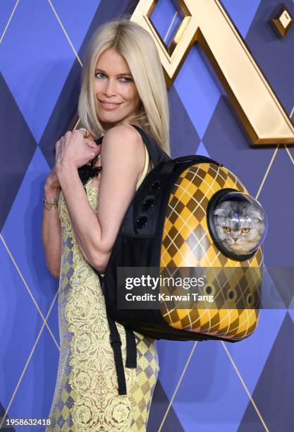 Claudia Schiffer and Chip the cat attend the World Premiere of "Argylle" at the Odeon Luxe Leicester Square on January 24, 2024 in London, England.