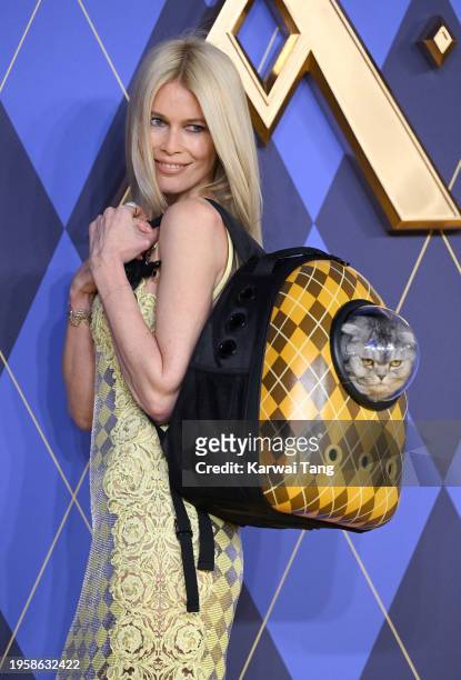 Claudia Schiffer and Chip the cat attend the World Premiere of "Argylle" at the Odeon Luxe Leicester Square on January 24, 2024 in London, England.