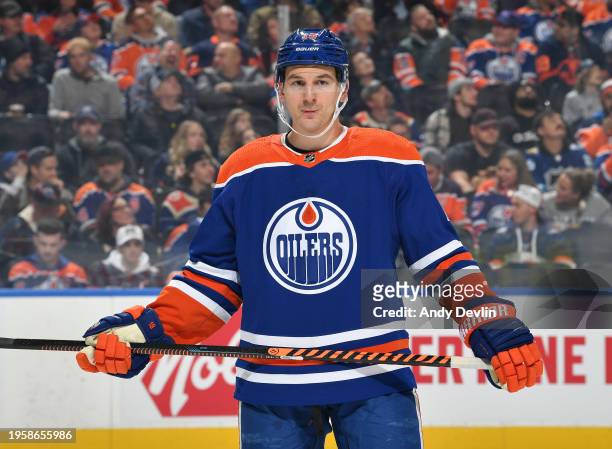 Zach Hyman of the Edmonton Oilers awaits a face-off during the game against the Columbus Blue Jackets at Rogers Place on January 23 in Edmonton,...
