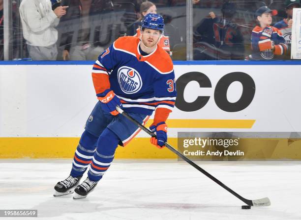 Warren Foegele of the Edmonton Oilers skates during warm up before the game against the Columbus Blue Jackets at Rogers Place on January 23 in...