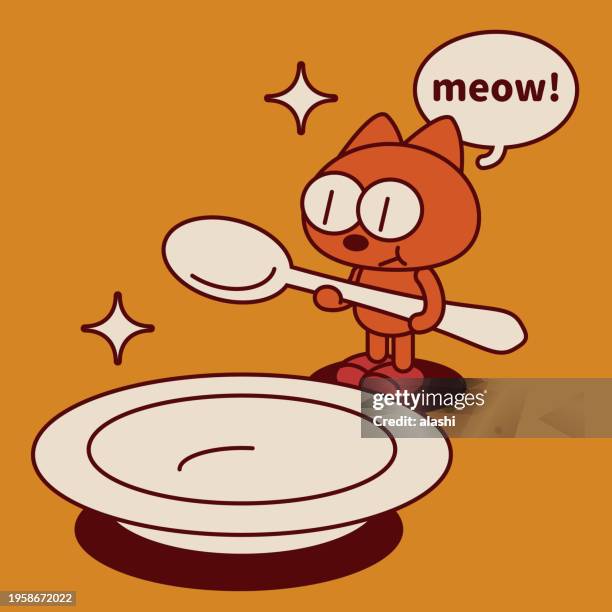 a quirky and cute kitten holding a big spoon and standing in front of a big empty plate - breakfast with view stock illustrations