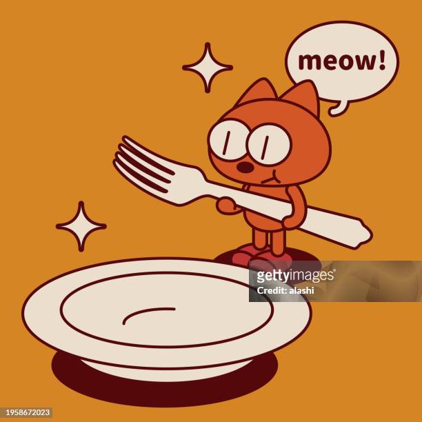 illustrazioni stock, clip art, cartoni animati e icone di tendenza di un gattino bizzarro e carino che tiene in mano una grande forchetta e si trova di fronte a un grande piatto vuoto - cat food