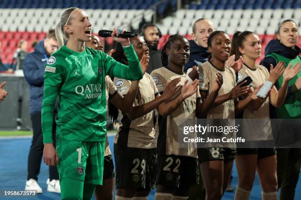 Goalkeeper Katarzyna Kiedrzynek and teammates salute the supporters following the UEFA Women's Champions League group stage match between Paris...