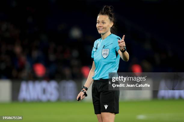 Referee Rebecca Welch of England reacts during the UEFA Women's Champions League group stage match between Paris Saint-Germain Women and AFC Ajax...