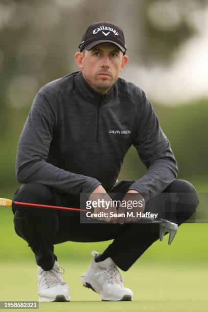 Alexander Bjork of Sweden looks on during the first round of the Farmers Insurance Open on the Torrey Pines South Course on January 24, 2024 in La...