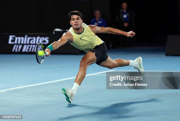 Carlos Alcaraz of Spain during their quarterfinals singles match against Alexander Zverev of Germany during the 2024 Australian Open at Melbourne...