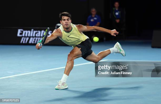 Carlos Alcaraz of Spain during their quarterfinals singles match against Alexander Zverev of Germany during the 2024 Australian Open at Melbourne...