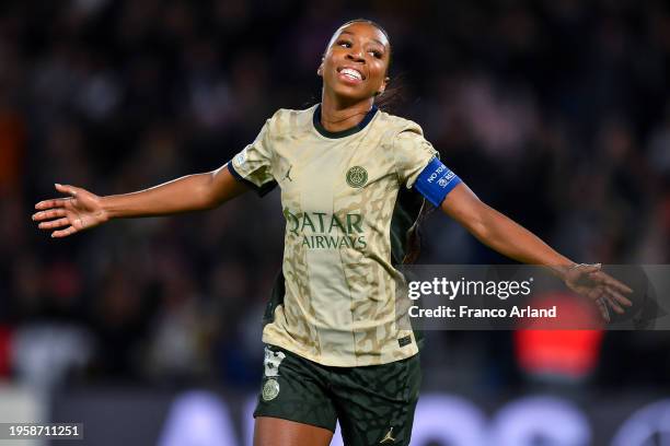 Grace Geyoro of PSG celebrates after scoring her team's third goal during the UEFA Women's Champions League group stage match between Paris...