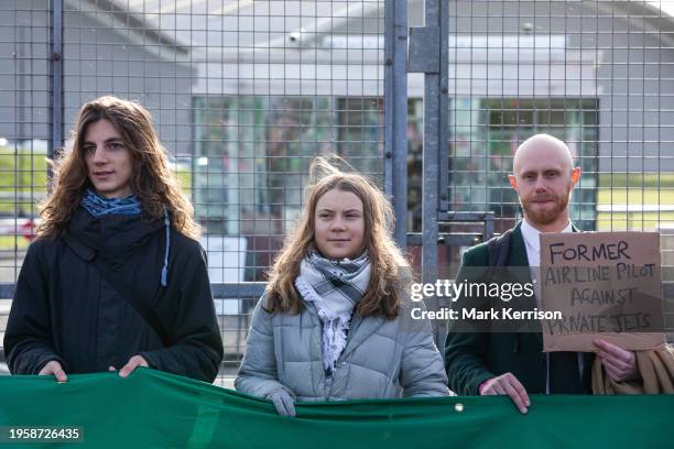 Climate activists including Greta Thunberg protest against private jet flights and the proposed expansion of Farnborough Airport on 27th January 2024...