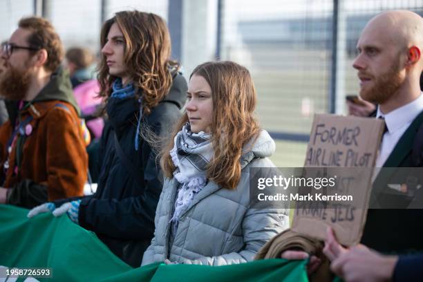 Greta Thunberg protests with fellow climate activists against private jet flights and the proposed expansion of Farnborough Airport on 27th January...