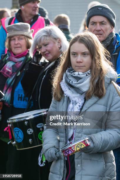 Greta Thunberg protests with fellow climate activists against private jet flights and the proposed expansion of Farnborough Airport on 27th January...