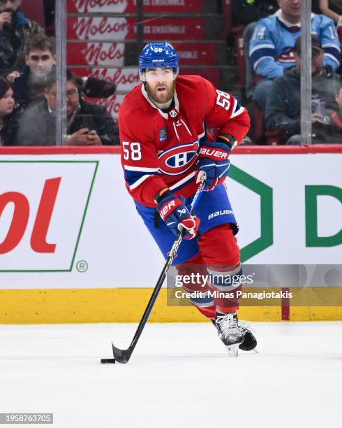 David Savard of the Montreal Canadiens skates the puck during the second period against the Ottawa Senators at the Bell Centre on January 23, 2024 in...